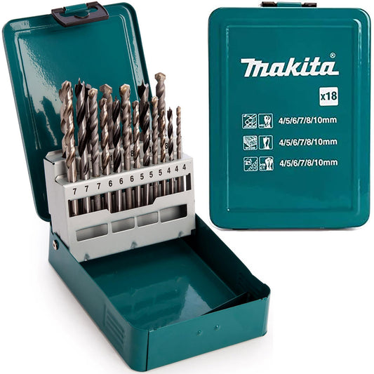 Makita 18-Piece Multi-Material Drill Bit Set – Metal Case | Wood, Masonry & Metal Bits (4–10mm) | aztools.uk - Professional Quality Tools at the Best Price