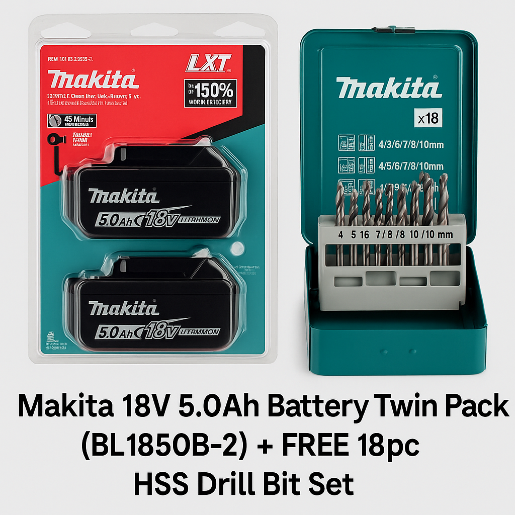 Makita 18V 5.0Ah Battery Twin Pack (BL1850B-2) + FREE 18pc HSS Drill Bit Set | aztools.uk - Professional Quality Tools at the Best Price