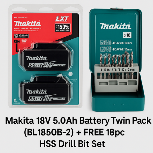 Makita 18V 5.0Ah Battery Twin Pack (BL1850B-2) + FREE 18pc HSS Drill Bit Set | aztools.uk - Professional Quality Tools at the Best Price